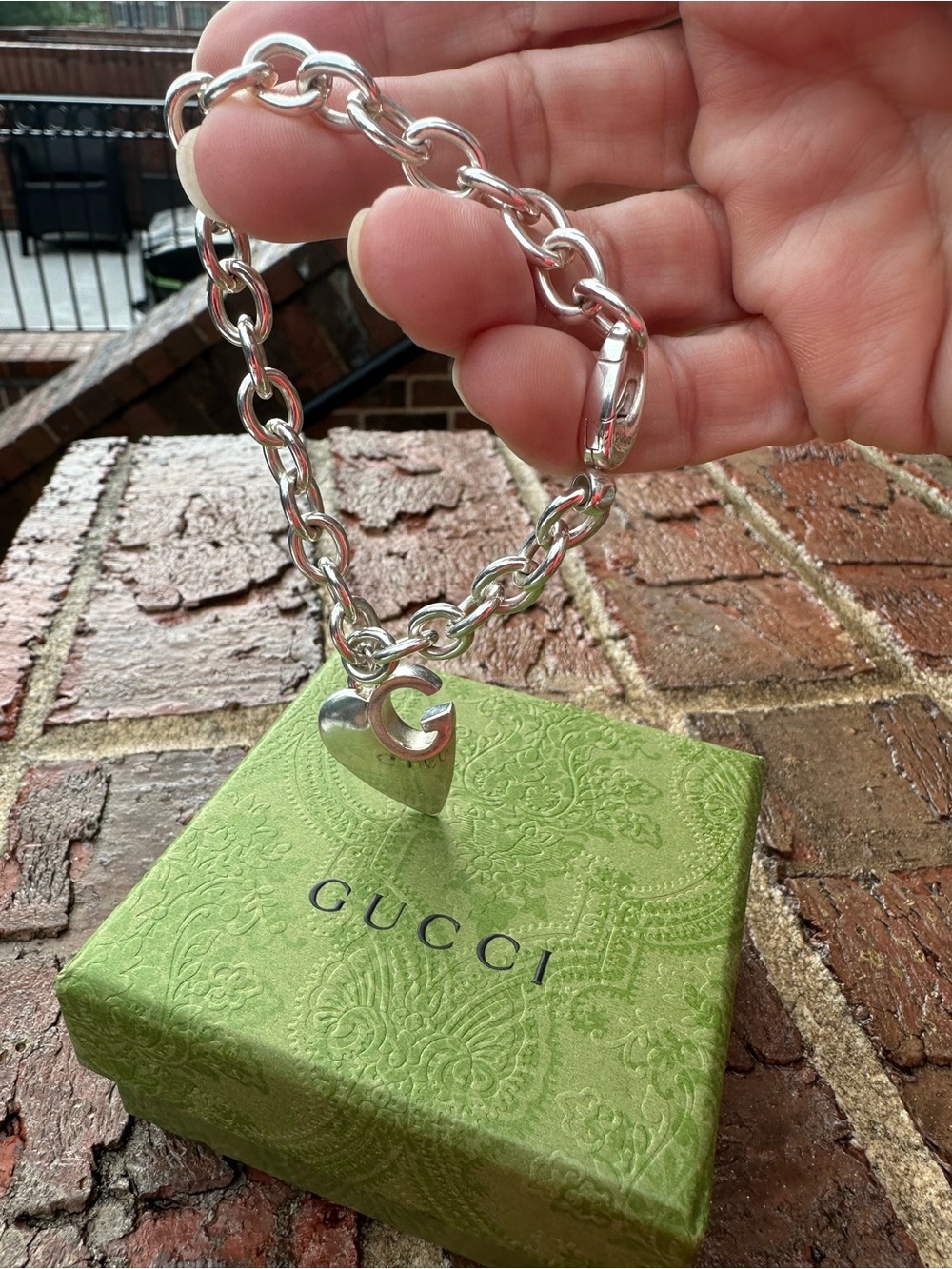 Gucci Sterling Silver Heart G Charm Link Bracelet